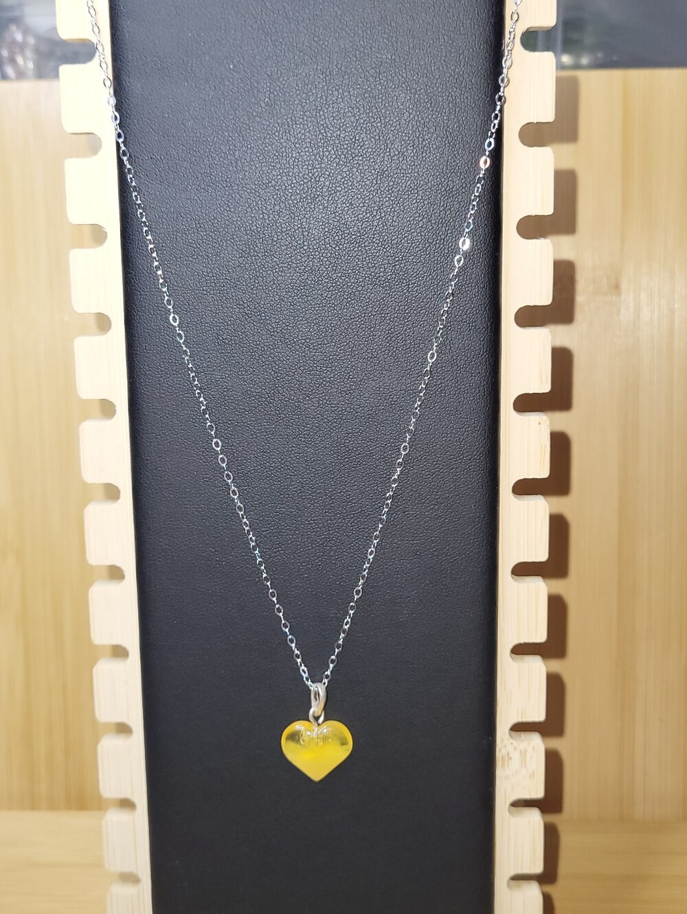 Natural Yellow Baltic Amber Heart Pendant Necklace - 16in Silver Chain